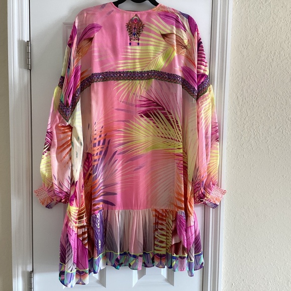 Camilla South Beach Sunrise 100% Silk Gathered Yoke Short Dress Blouson Sleeves - Picture 9 of 16